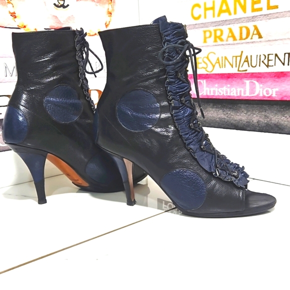 Michel Perry Shoes - Michel Perry Vintage All Leather Ruffled Lace Up Peep Toe Ankle Booties